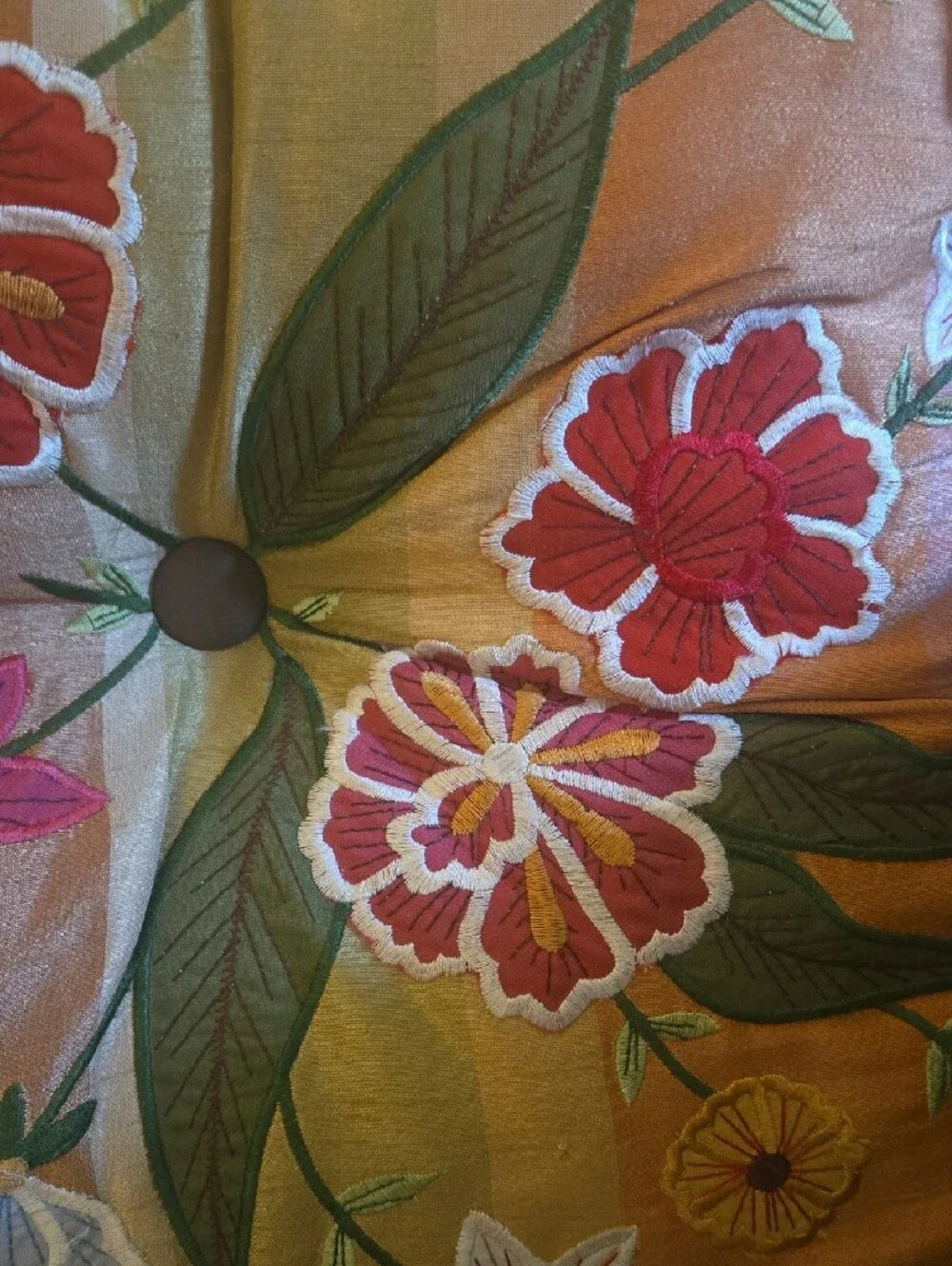 Pier 1 Embroidered Floral Accent Pillow in Gold and Orange. 100% Dupioni Silk.